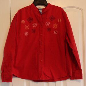 Holiday Editions Red Heavyweight Cotton Long Sleeve Button Down Snowflakes 1X
